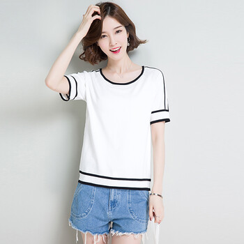 亚瑟魔衣短袖t恤女装夏大码条纹休闲百搭针织衫女打底衫sh-1600 白色