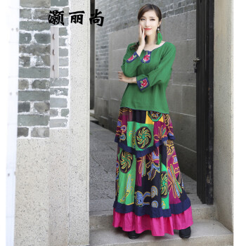 灏丽尚 2016秋冬季新款女装民族风印花多层大摆半裙棉麻半身裙 绿色图片一 均码