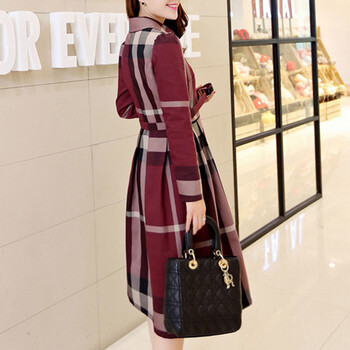 郎考冬装女秋冬连衣裙2015冬季新品女装冬上新优雅A字大摆格子长袖裙子L710 酒红色 XL