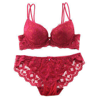 日系性感深v薄模杯本命年红色女士内衣套装少女双排扣聚拢文胸 酒红色