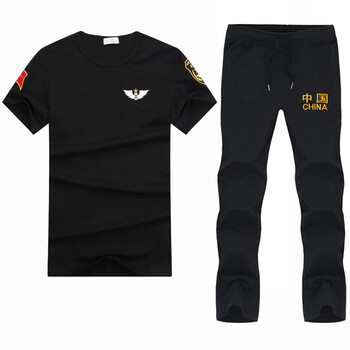 短袖男迷彩服体能服武警部队军装军迷服饰速干t恤 黑色圆领陆款套装