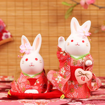 开罗 樱花和服兔子陶瓷摆件汽车车载招福礼物 招福樱花对兔