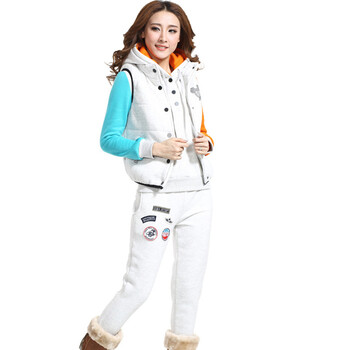 若初（ROCU） 2015秋冬女装新款加厚加绒套装连帽保暖卫衣三件套休闲韩版套装 花灰色 L合适100-108斤
