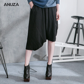 ANUZA2016秋冬新款女装不对称弹力裤头毛呢哈伦裤五分裤厚 黑色 M  适合155-168