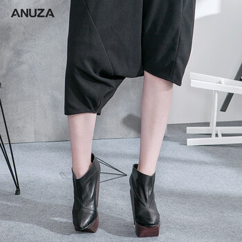 ANUZA2016秋冬新款女装不对称弹力裤头毛呢哈伦裤五分裤厚 黑色 M  适合155-168