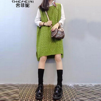 舍菲妮  欧洲站学院风中长款圆领毛衣马甲背心女套头秋季针织外套    马夹 咖啡 L