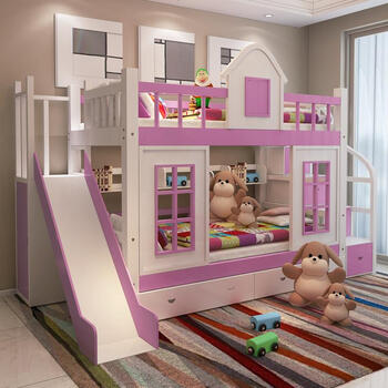 红林梦 低原木床子母原木床 上下床 滑梯低男女白色三层户型架铺床