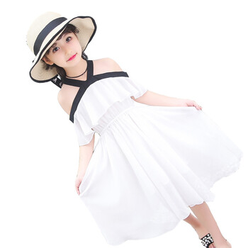 女童连衣裙款夏2018新款童装儿童一字肩露雪纺裙小女孩公主裙 卡其色