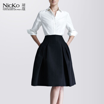 [货到付款]NICKO 2014新款春装欧美大牌纯色收腰女式高腰半身裙 文艺范裙子043 藏蓝色 L
