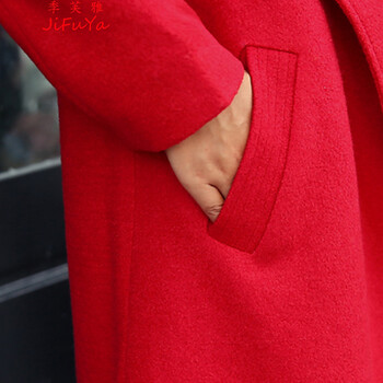 季芙雅2015秋装新款韩版修身中长款毛呢大衣 女 9888 红色 M
