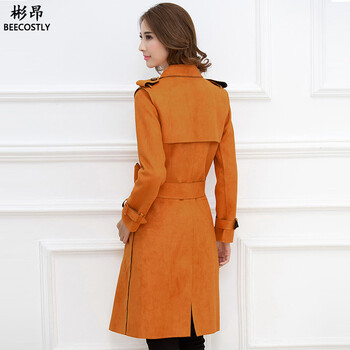 彬昂2015秋冬款女装中长款麂皮绒风衣修身显瘦系带外套 橘色 XL