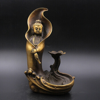 仿古老黄铜观音倒流香摆件香插莲花观音莲花香插观音摆件