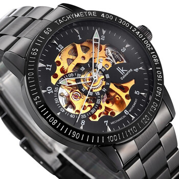 ik阿帕奇全自动机械表带夜光镂空学生男表男士手表防水 黑面金芯黑带