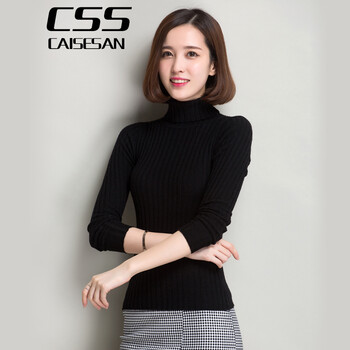 彩色伞春秋韩版针织衫女薄款高领套头小毛衣修身 黑色 M