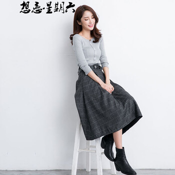 想恋星期六2015秋冬毛呢百褶半身裙高腰修身中长裙简约格子呢子大摆裙A字长裙1561# 灰色 XXL
