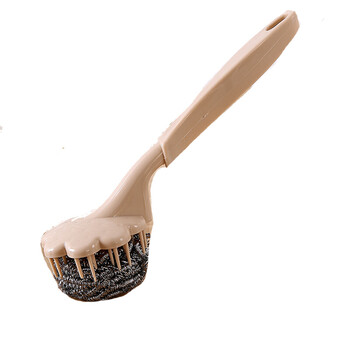 长柄钢丝球刷洗锅刷不锈钢清洁球钢丝球带柄刷子清洁球刷 卡其色