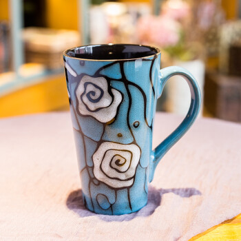 陶瓷杯大容量马克杯 创意咖啡杯带盖勺 复古家用欧式时尚茶杯子 l款