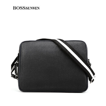 bosssunwen 博斯绅威男士简约荔枝纹单肩包休闲大容量牛皮斜挎包 黑色