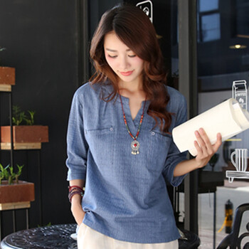 优和 2015秋装新款棉麻气质印花大码七分袖T恤女 TX075 蓝色 3XL