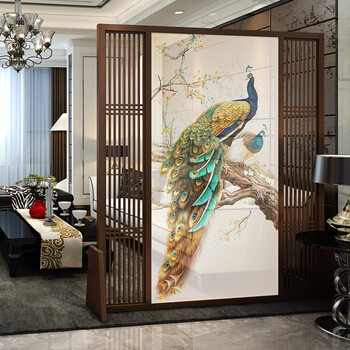 时光中式屏风隔断玄关客厅卧室时尚简约现代实木镂空屏风座屏富贵孔雀