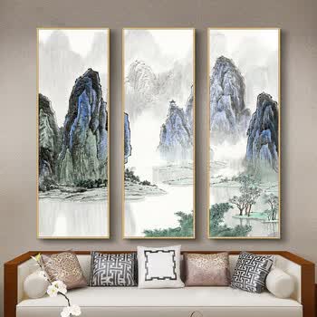 新中式客厅装饰画风景画青山绿水国画办公室挂画书房墙上壁画三联画