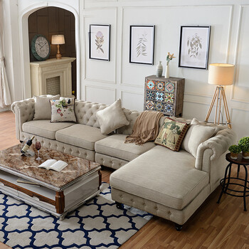 美式沙发简约乡村转角皮沙发棉麻布艺沙发l型拉扣组合简欧式田园