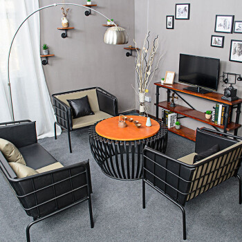 铁艺办公室沙发简约商务接待会客沙发茶几组合设计师创意沙发 三人