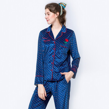 睡衣女士长袖复古气质宽松衬衫式开衫金丝绒绣花家居服套装 深蓝色 m