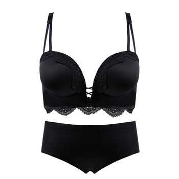 无痕无钢圈内衣 一片式黑色小胸加厚款胸罩 聚拢调整型文胸套装女