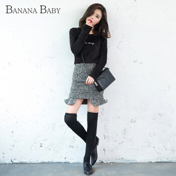 香蕉宝贝bananababy百搭修身长袖加绒针织衫D54Z849 黑色 S