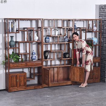 实木中式简约现代多宝阁玄关柜茶叶架子置物架古董架博物架 二门二斗