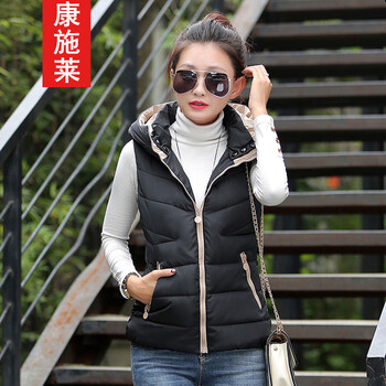 康施莱 2015冬装新款女短款马甲韩版轻薄连帽马夹背心棉衣棉服外套 玫红色 XXXL