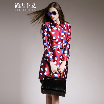 尚古主义欧美女装2015秋装新款POLO领印花风衣女中长款九分袖外套 蓝花色 S