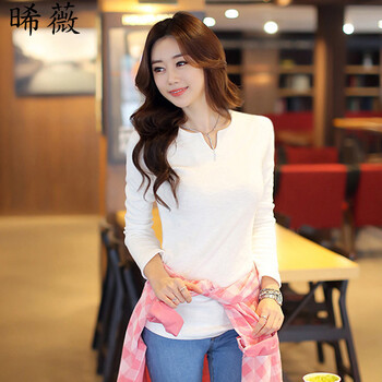 Hizze 秋季新品女装纯色V领弹力修身百搭女士长袖T恤衫打底衫 7738 白色 s