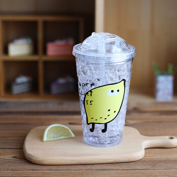 夏日酷爽冰杯双层带盖吸管学生随手杯创意便携水杯咖啡店饮料杯子 黄