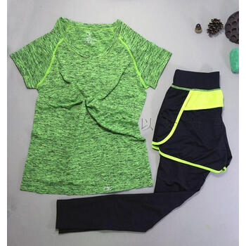 房跑步运动短袖上衣假两件运动中长裤二件套 绿色裤子 段染绿色t恤 s