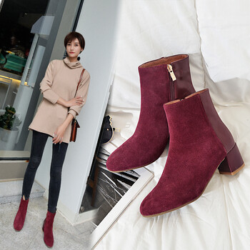 粗跟圆头皮拼接及踝裸踝靴 简约纯色短筒休闲女靴 酒红色 定做43不