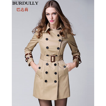 BURDULLY 2015欧洲站秋装新款翻领双排扣中长款风衣女外套 卡其色 M