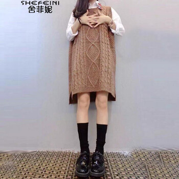 舍菲妮  欧洲站学院风中长款圆领毛衣马甲背心女套头秋季针织外套    马夹 咖啡 L