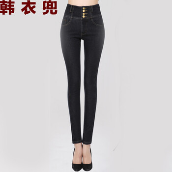 韩衣兜春秋装新款加厚加绒牛仔裤女显瘦韩版小脚裤弹力铅笔裤靴裤 K1010 黑色 32