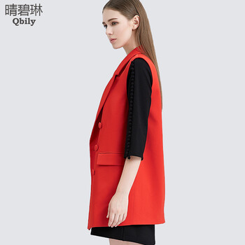 晴碧琳2015秋装新品女装 西装翻领无袖双排扣中长款马甲外套 红色 S