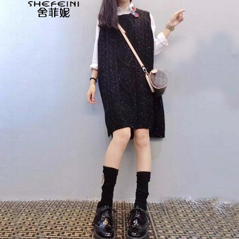 舍菲妮  欧洲站学院风中长款圆领毛衣马甲背心女套头秋季针织外套    马夹 咖啡 L