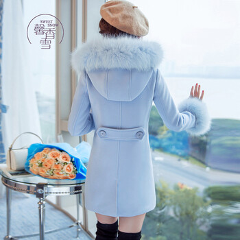 馨香雪2015秋冬新品修身显瘦连帽毛呢大衣女中长款韩版呢子大衣女加厚外套 蓝色 M
