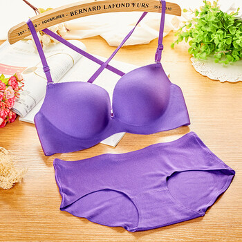 新品聚拢无痕调整型文胸 豹纹美背交叉内衣胸罩套装 紫色套装 85b