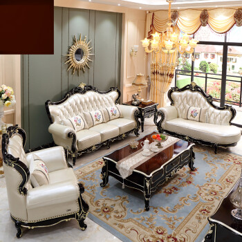 欧式真皮沙发 美式123贵妃客厅组合实木整装新古典家具 头层牛皮 153