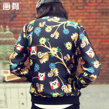 
                                        画骨春秋女装短外套女棒球服夹克印花图案女款棒球衫HG1570 黑色 M                
