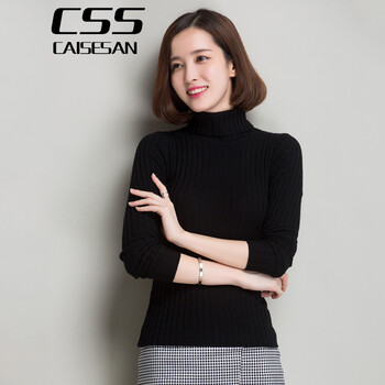 彩色伞春秋韩版针织衫女薄款高领套头小毛衣修身 黑色 M