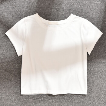 白色t恤女短袖圆领露脐上衣纯色半袖紧身体恤高腰短款打底衫 乳白色 s
