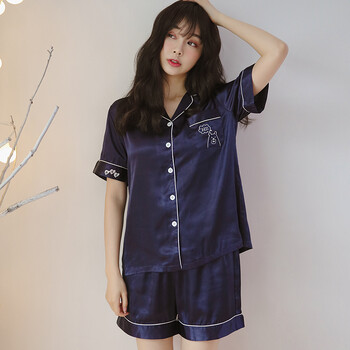 开衫韩版宽松薄款两件套少女绣花仿真丝绸家居服 a3114 a3118宝蓝色