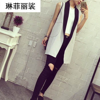 琳菲丽裟2015秋冬季女装新款拼接色翻领中长款显瘦无袖小西装马夹女薄款外套马甲B668 灰色 均码